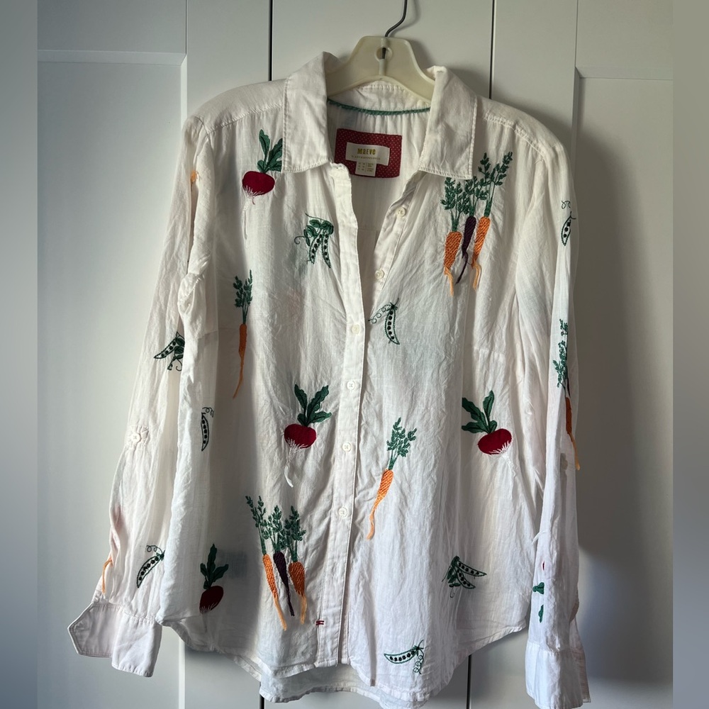 Anthropologie White Blouse with Colorful Embroidery